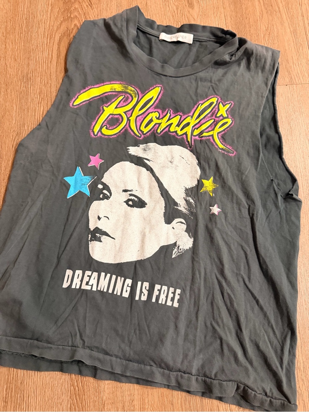 Daydreamer Black Blondie Graphic Muscle Tee with Neon Accents